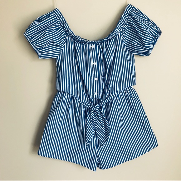 Blue Striped Button Front Romper - Picture 2 of 5